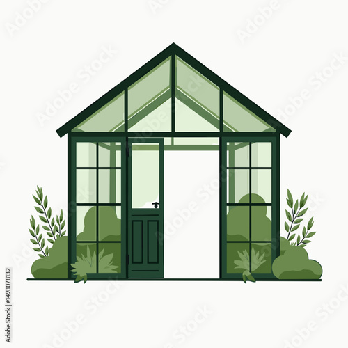 Greenhouse Illustration with Plants and Open Door, Simple Vector Design on White Background