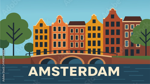 Amsterdam Canals with Trees and City Buildings