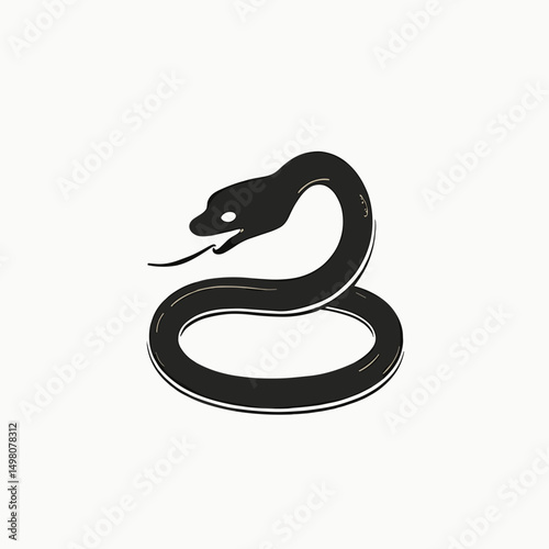 Simple Black and White Snake Illustration with Tongue Out on Plain Background, Vector Graphic