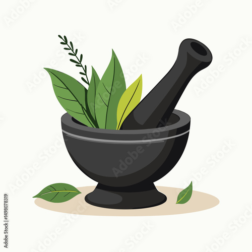 Mortar and Pestle with Green Herbs Illustration for Natural Medicine and Alternative Therapy Concept