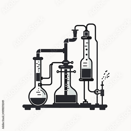 Laboratory Distillation Apparatus Black and White Vector Illustration, Science Experiment Equipment with Condenser and Flasks for Chemical Reactions