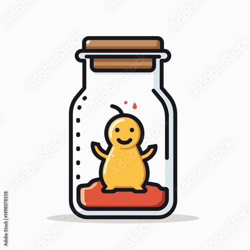 Cute Yellow Creature in a Glass Jar with Cork Stopper, Vector Illustration on White Background