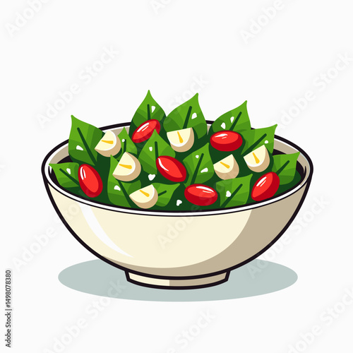Fresh Salad Bowl Illustration with Green Spinach, Red Tomatoes, and Garlic Slices for Healthy Eating