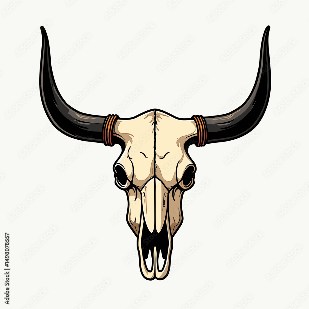 Fototapeta premium Bison Skull Vector Illustration: Detailed Line Art of a Bull Skull with Horns on White Background
