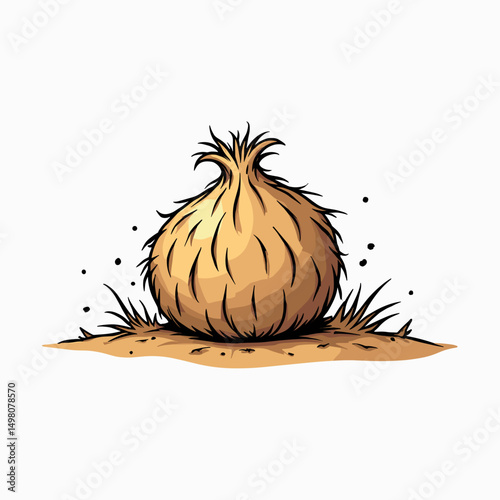 Cartoon Onion Bulb Illustration on Soil, Isolated on White Background, Hand Drawn Style