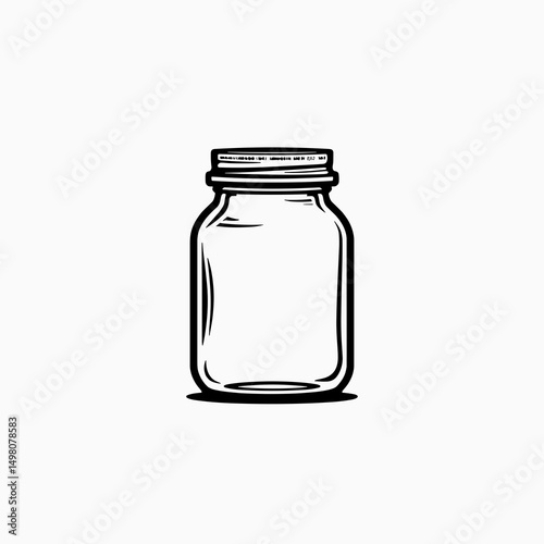 Empty Mason Jar Illustration in Black and White Line Art on White Background for Food Preservation