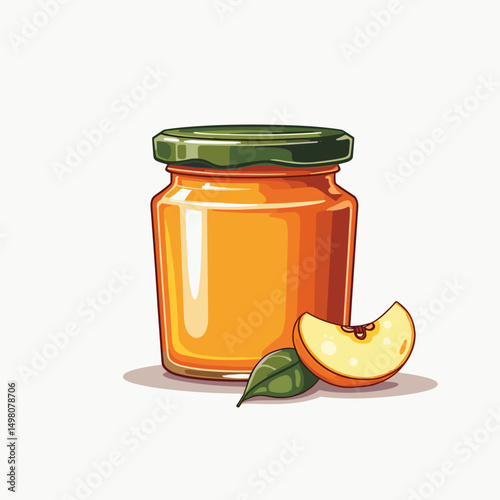 Apple Jam Jar Vector Illustration with Fresh Apple Slice and Green Leaves on White Background