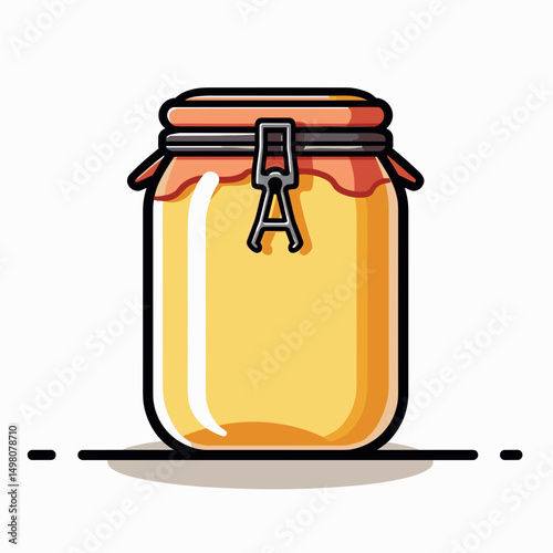 Cartoon Illustration of a Glass Jar with Orange Lid Filled with Yellow Liquid, Perfect for Honey or Jam
