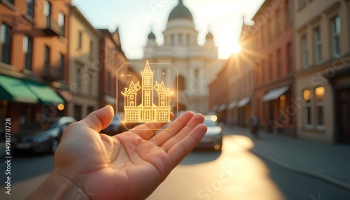 A hand holding a hologram of a building with golden light, in the background a city street with buildings and sunlight  .