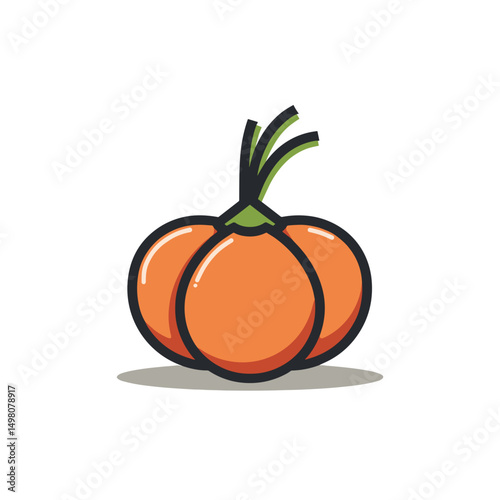 Cute Cartoon Illustration of a Fresh Orange Onion with Green Stems on White Background