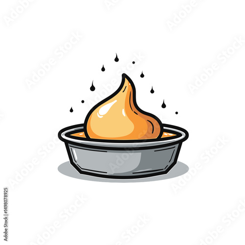Illustration of a dollop of honey or yellow sauce in a silver bowl with dripping liquid on a white background.