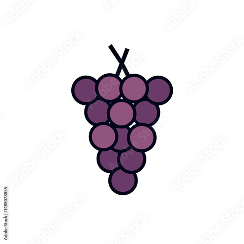 Illustration of a Bunch of Purple Grapes with Black Outline on a White Background, Simple Graphic