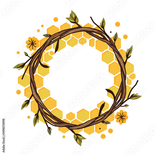 Hand Drawn Wreath with Honeycomb Background and Floral Accents for Invitations and Decorative Design Elements