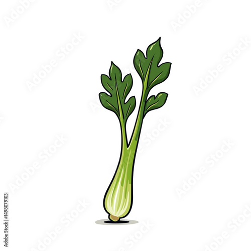 Illustration of a Fresh Green Celery Stalk with Leaves Isolated on White Background, Healthy Food