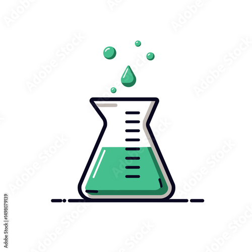 Green Liquid in Erlenmeyer Flask with Droplets - Scientific Experiment Illustration for Chemistry and Biology Concepts