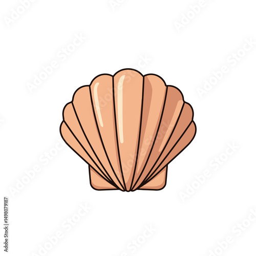 Isolated Vector Illustration of a Scallop Shell with Brown Outline and Beige Color on White Background