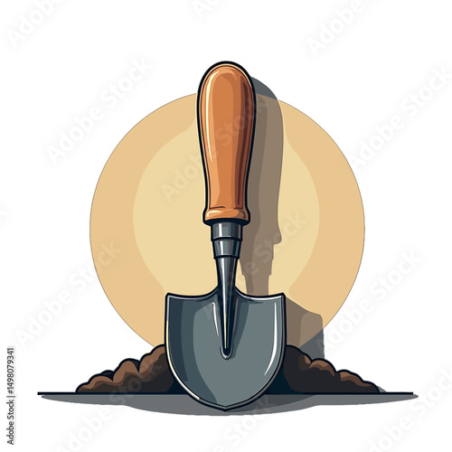 Illustration of a Gardening Trowel with Brown Handle and Metal Blade in Soil Against a Circular Background