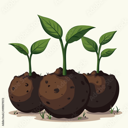 Three Young Seedlings Sprouting from Soil Clods, Symbolizing Growth, New Beginnings and Environmental Awareness in Vector Illustration