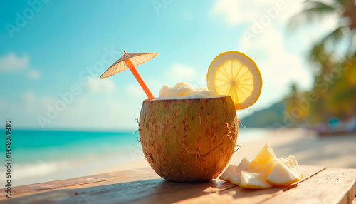 Tropical Paradise Scene with Garnished Coconut Cocktail featuring Fresh Citrus and Decorative Umbrella against Turquoise Beach Background