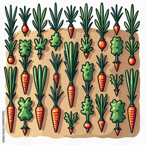 Cartoon Carrots Growing in a Garden Bed, Illustrative Vegetables, Healthy Eating and Organic Farming Concept