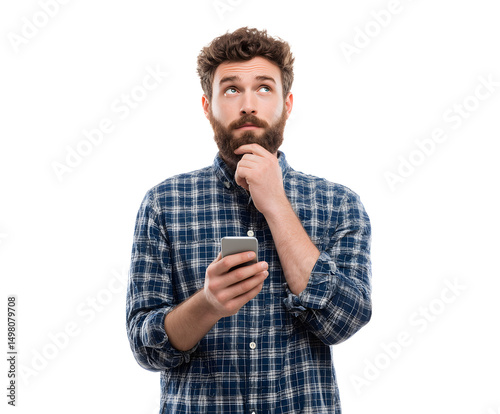 A man with a beard, holding a phone, looks up thoughtfully with hand on his chin.