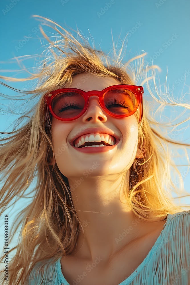 Happy woman in red sunglasses enjoying summer vacation Happy woman in red sunglasses enjoying summer vacation
