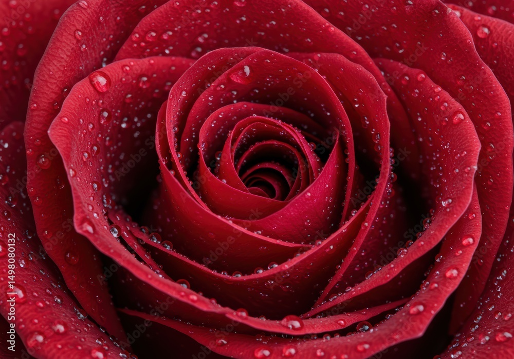 Close-up of a stunning red rose, adorned with water droplets, showcasing intricate details. Close-up of a stunning red rose, adorned with water droplets, showcasing intricate details.