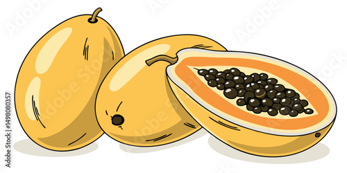 Fresh papaya fruits whole and halved with black seeds on white background