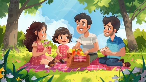 A cartoon family of four enjoying a picnic together on a blanket in a sunny park under the trees