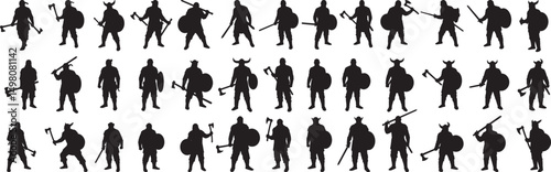 Viking warrior silhouette vector set, scandinavian medieval warrior with axe and shield illustration art