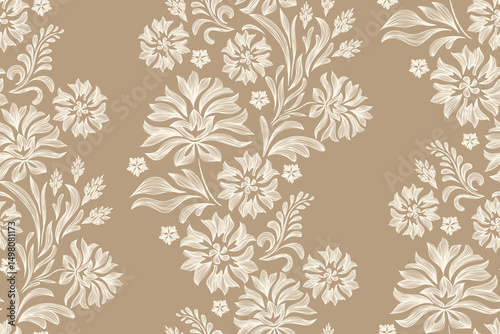 Vintage Floral patterns seamless background border embroidery ethnic batik retro. Flower motifs paisley batik. Brown silhouette watercolour flowers ikat design hand drawn. Vector illustration.