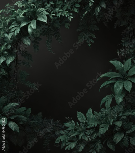 Deep emerald tropical foliage, tangled vines cast shadows on black backdrop ,  dense,  creepers,  photography