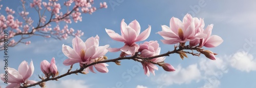 Delicate pink magnolia blossoms on a branch against soft spring sky, light, nature, fresh