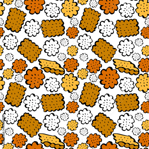 Appetizing cookies, crackers, biscuit pastries, seamless pattern in cartoon style. Frame with baking elements, ruddy buns.