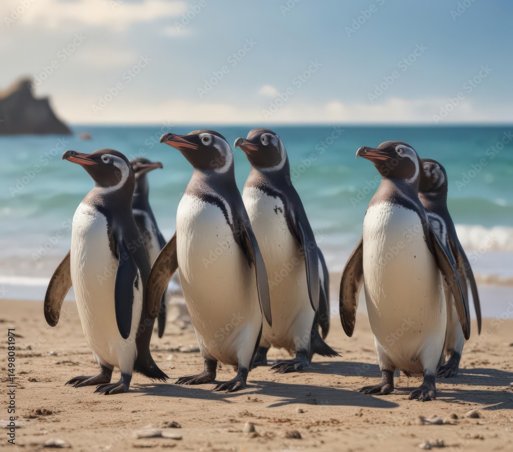 Fototapeta premium Group of Humboldt penguins standing on the beach , environment, birds
