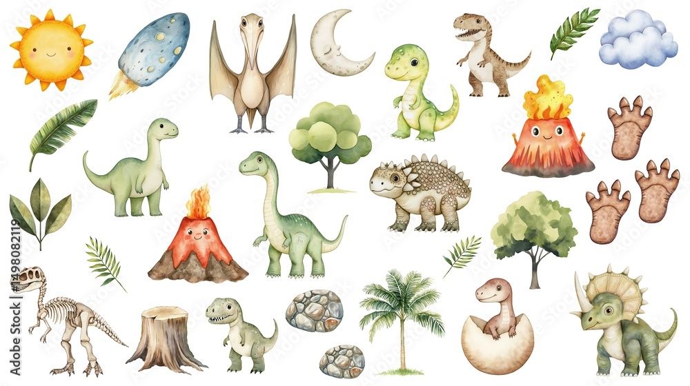 Obraz premium Dinosaurs Explore A Lush Prehistoric World Playful Creatures Enjoy A Beautiful Jurassic Landscape