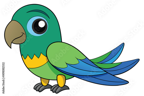 Cartoon Parrot Character with Green, Blue, and Yellow Plumage, Posing for Illustration