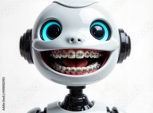 Playful robot with braces smiling against a light background  
