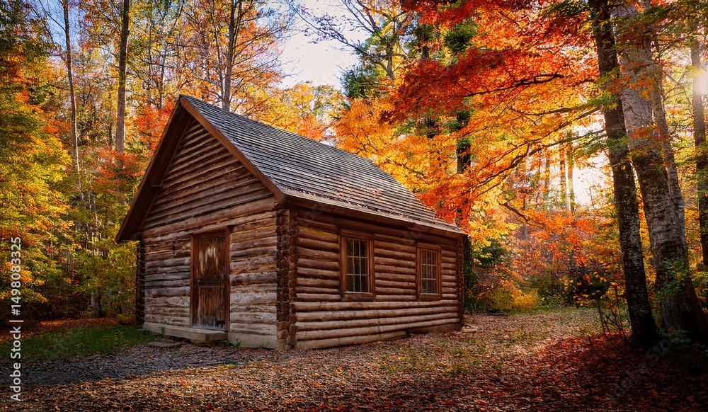 Rustic Log Cabin nestled in Vibrant Autumn Forest Scenery Rustic Log Cabin nestled in Vibrant Autumn Forest Scenery