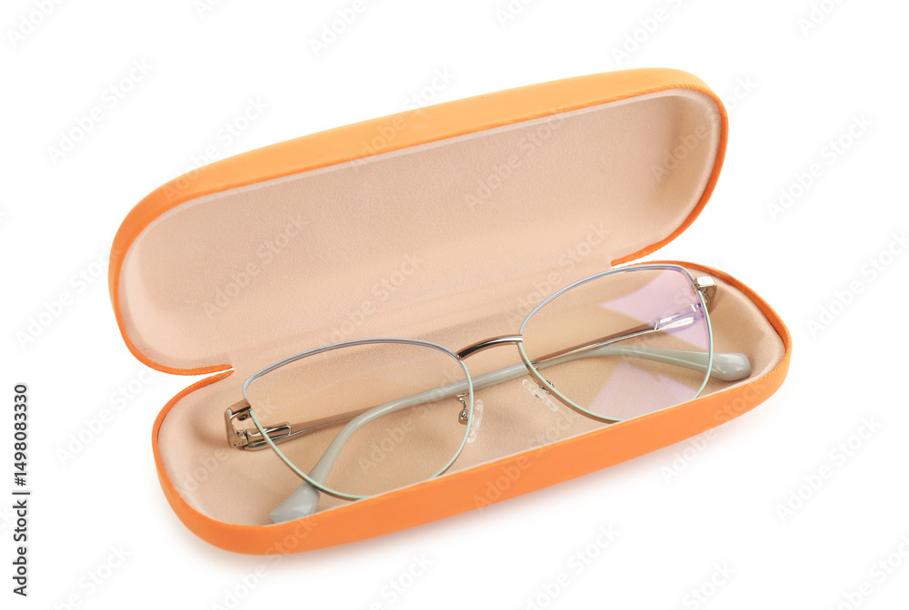 Case with stylish glasses isolated on white