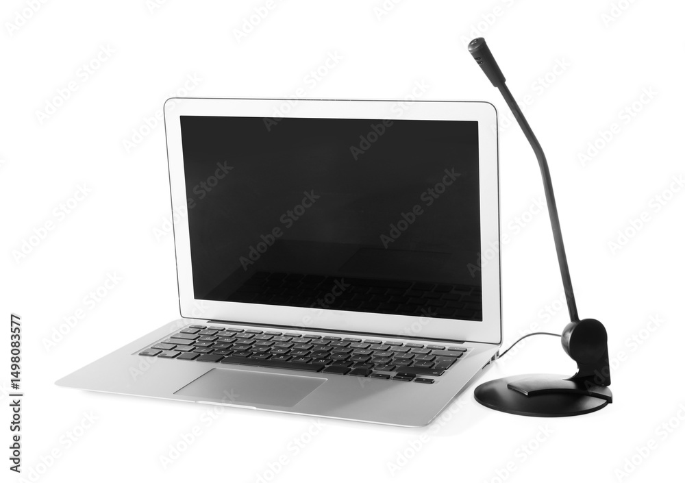 Fototapeta premium Professional microphone and laptop on white background