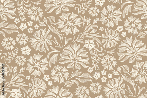 Vintage Floral patterns seamless background border embroidery ethnic batik retro. Flower motifs paisley batik. Brown silhouette watercolour flowers ikat design hand drawn. Vector illustration.