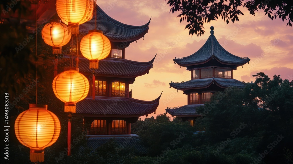 Obraz premium Pagodas, lanterns glow against a sunset sky, highlighting Chinese architecture.