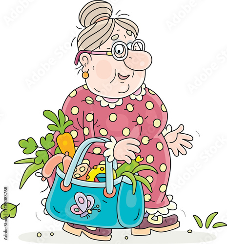 Happy granny walking with a bag full of groceries after shopping on a warm summer day, vector cartoon illustration isolated on a white background