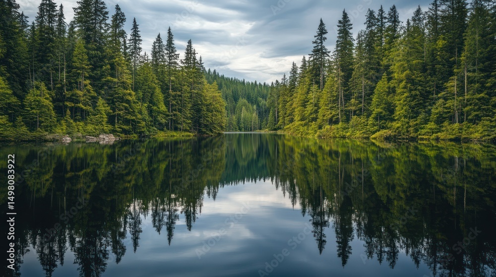 Calm lake surrounded by a dense forest with reflection in the water. Calm lake surrounded by a dense forest with reflection in the water.