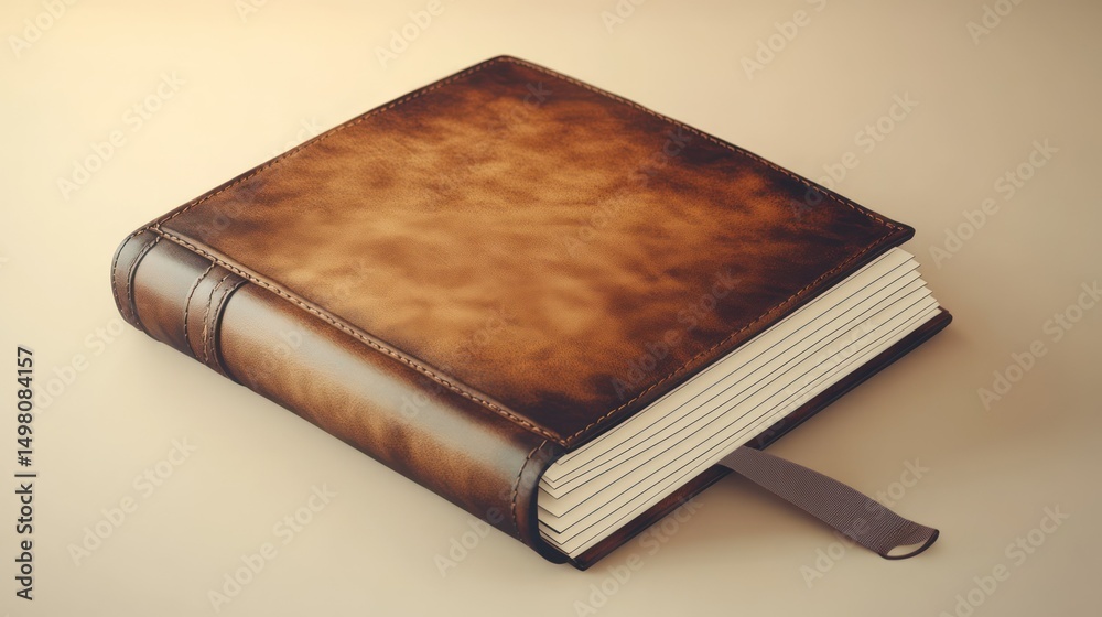Obraz premium A brown leather-bound book with a bookmark on a neutral background.