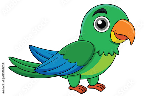 Cartoon Parrot Illustration with Green Feathers, Orange Beak, and Blue Wing Details
