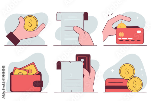 Illustrated icons depicting financial transactions involving currency credit cards and wallets.