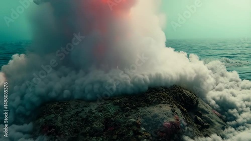 Underwater volcanic eruption showing orange magma plume with rising smoke above a lava vent in the open ocean water environment.