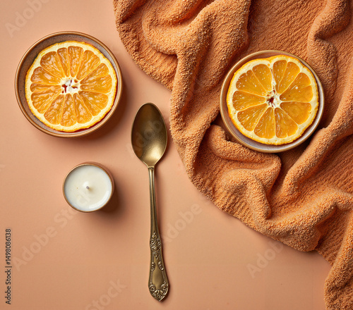 Sliced oranges and candle on an orange towel background  
